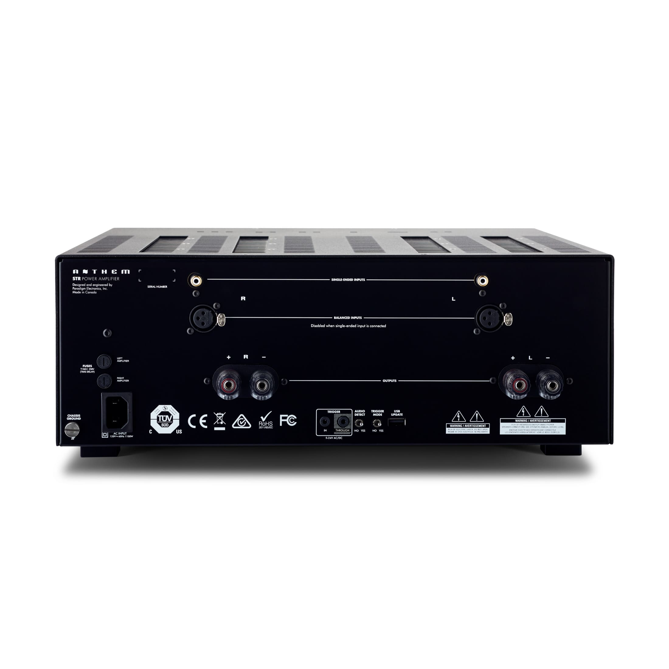Anthem STR Amplifier zadný panel s analógovými vstupmi XLR a RCA, reproduktorovými terminálmi a triggerom