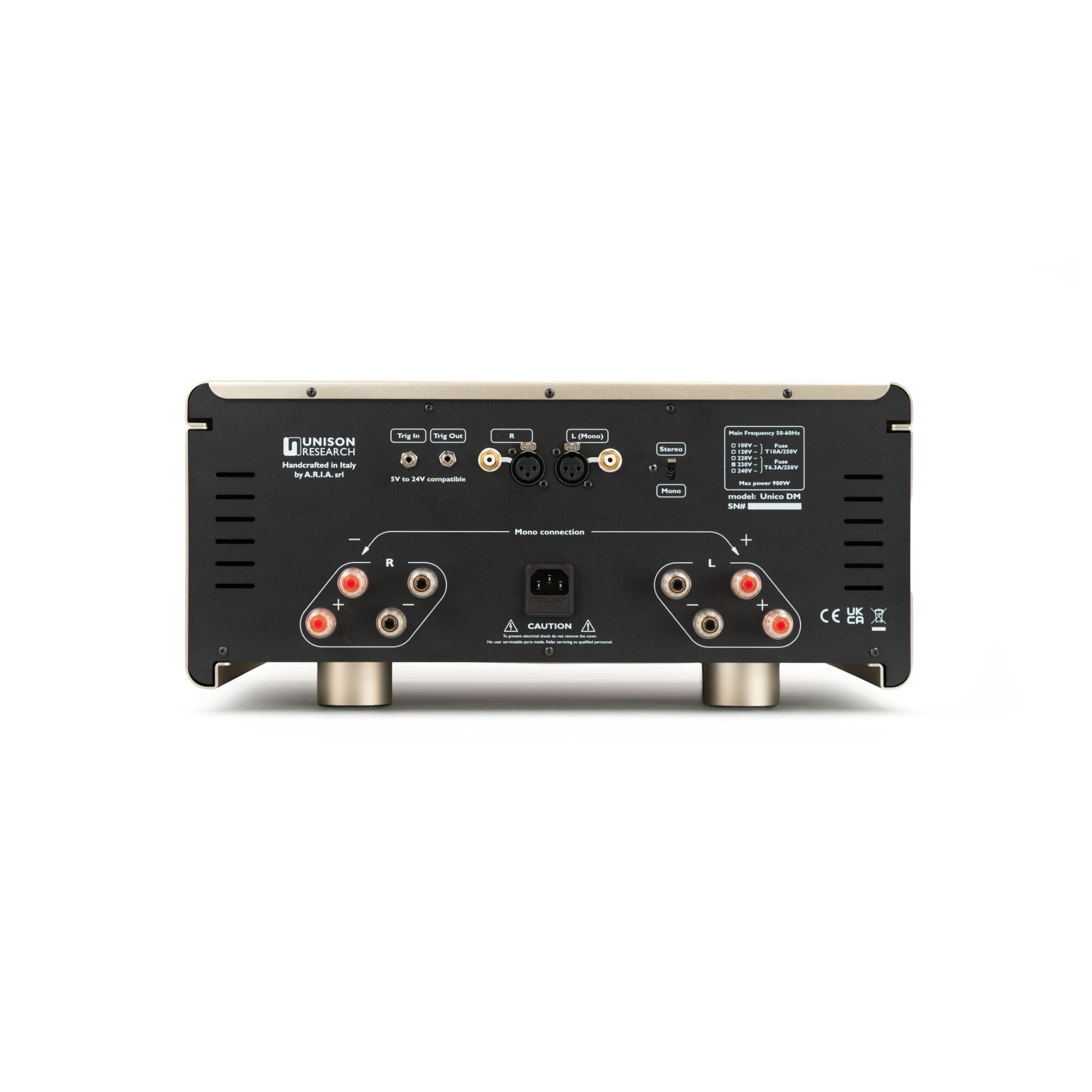 Unison Research Unico DM V2 zadný panel s RCA, XLR vstupmi a reproduktorovými terminálmi
