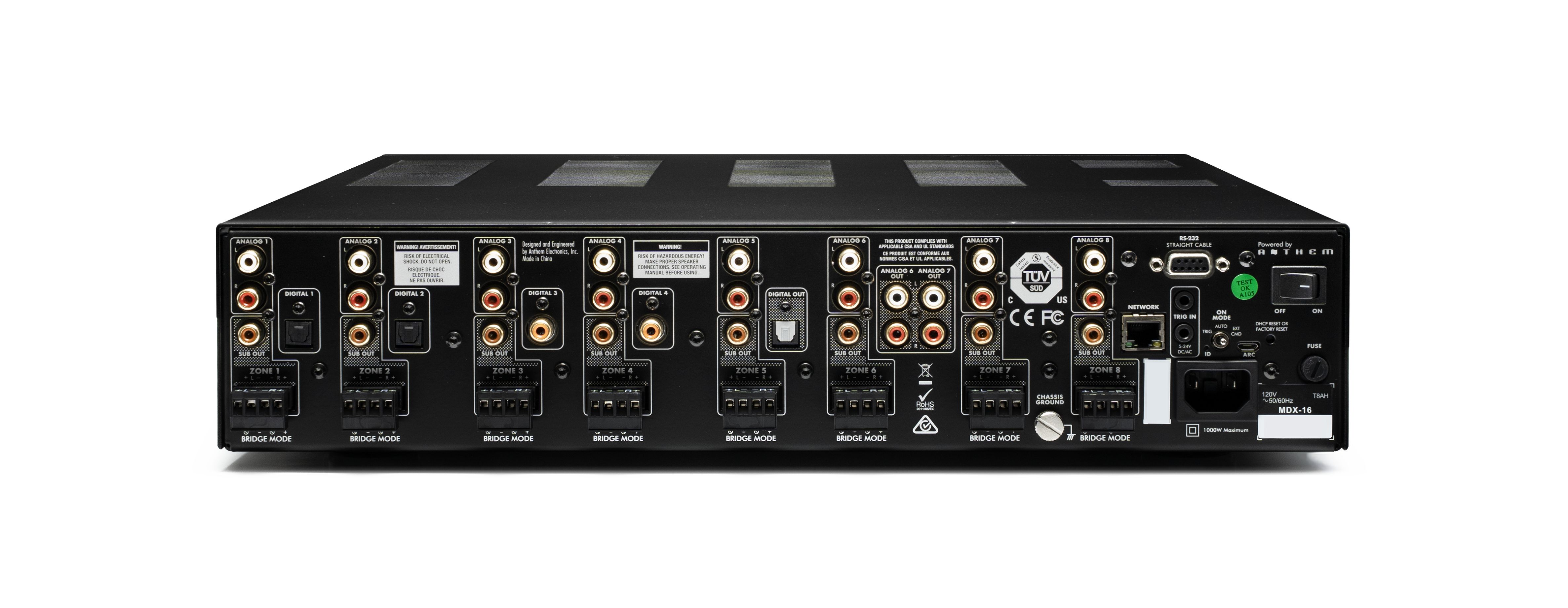 Kompletní zadní panel Anthem MDX-16 přes celou šířku s RCA, koaxiálními a optickými vstupy, SUB OUT, Euroblock a ovládacími konektory