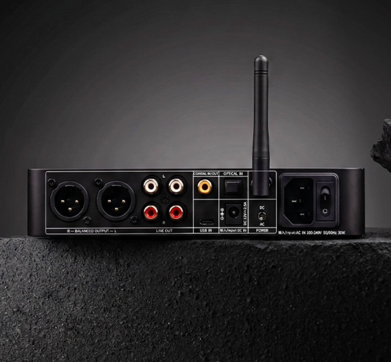 Zadný panel FiiO K13 Dual ESS s XLR, RCA, optickým, koaxiálnym, USB-C a napájacími konektormi