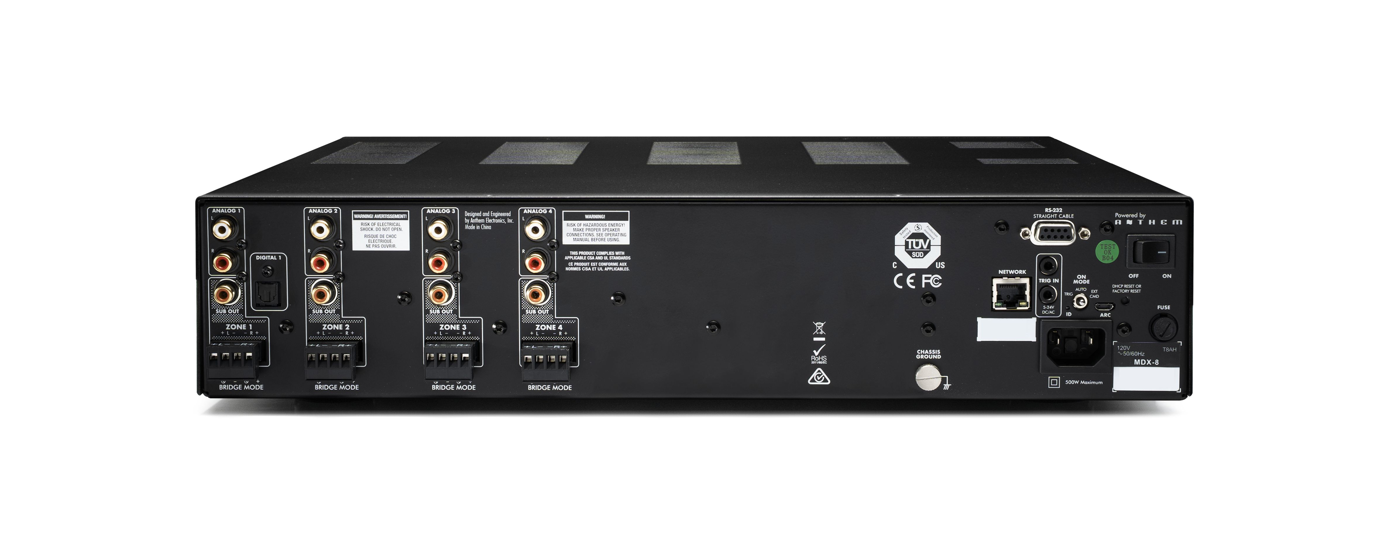 Kompletní zadní panel Anthem MDX-8 s RCA vstupy, optickým TOSLINK, subwooferovými výstupy, Euroblock svorkami a ovládacími konektory