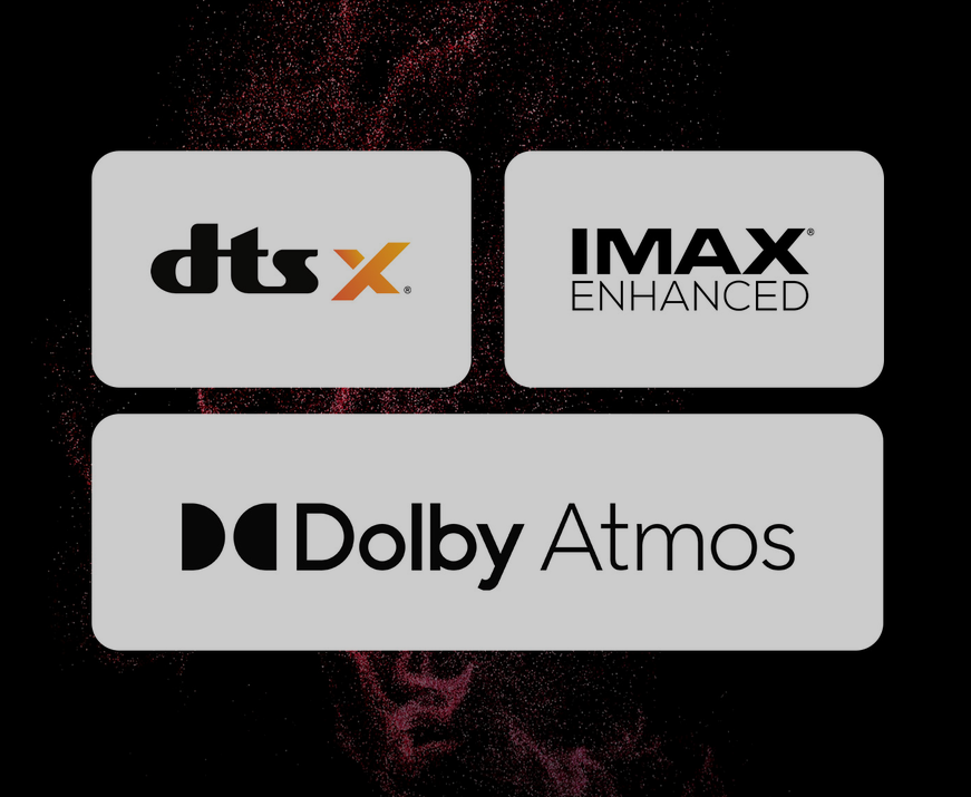 Logá Dolby Atmos, DTS a IMAX Enhanced pre priestorové zvukové formáty Anthem AVM 70 8K