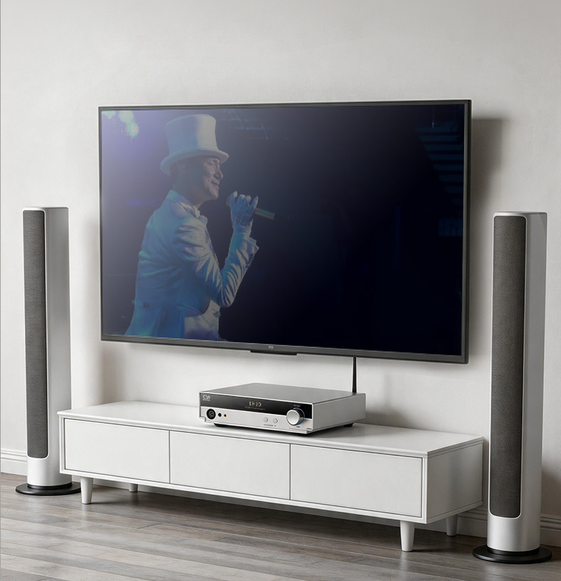 Shanling EH90 v obývacej izbe s televízorom a HDMI ARC