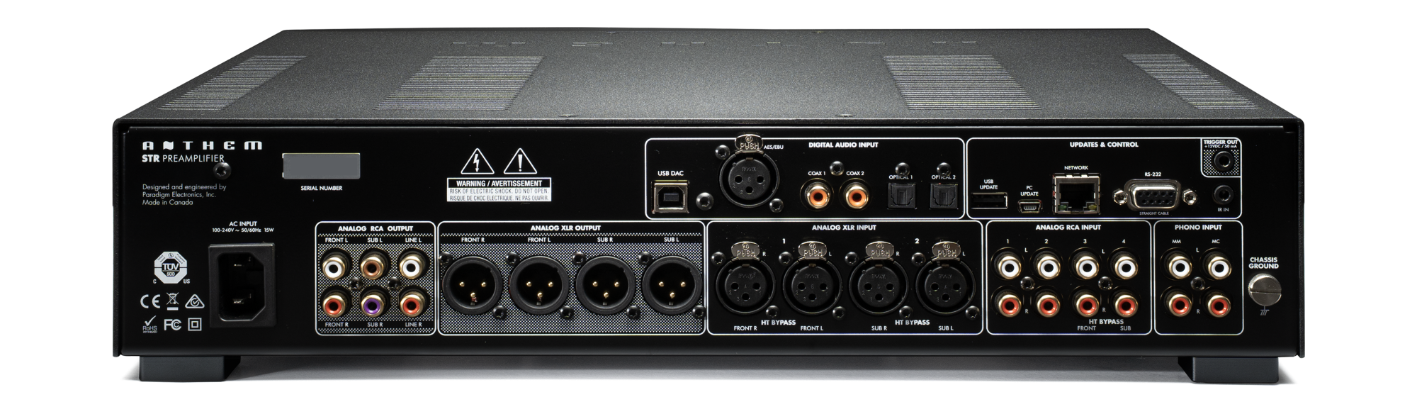 Anthem STR Preamplifier zadný panel s USB DAC, AES EBU, optickými, koaxiálnymi, phono, XLR a RCA konektormi
