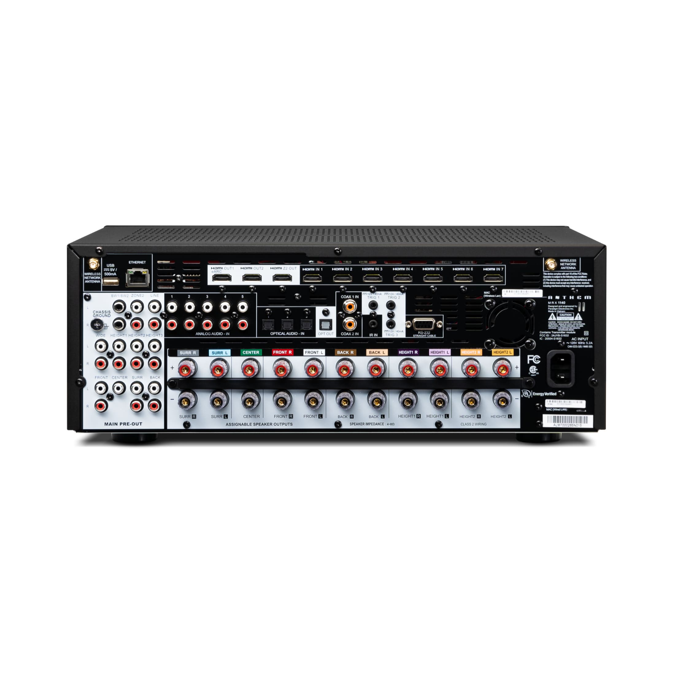 Anthem MRX 1140 8K zadný panel s HDMI vstupmi, audio pripojeniami, 15.2 pre-out a reproduktorovými terminálmi