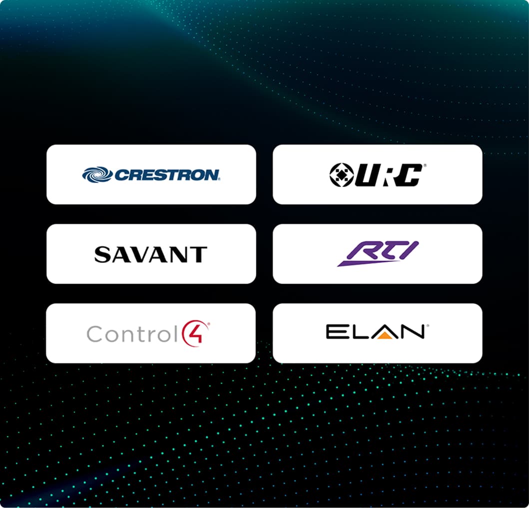 Loga kompatibilních automatizačních platforem Control4, Crestron, ELAN, RTI, Savant a URC pro Anthem MDX
