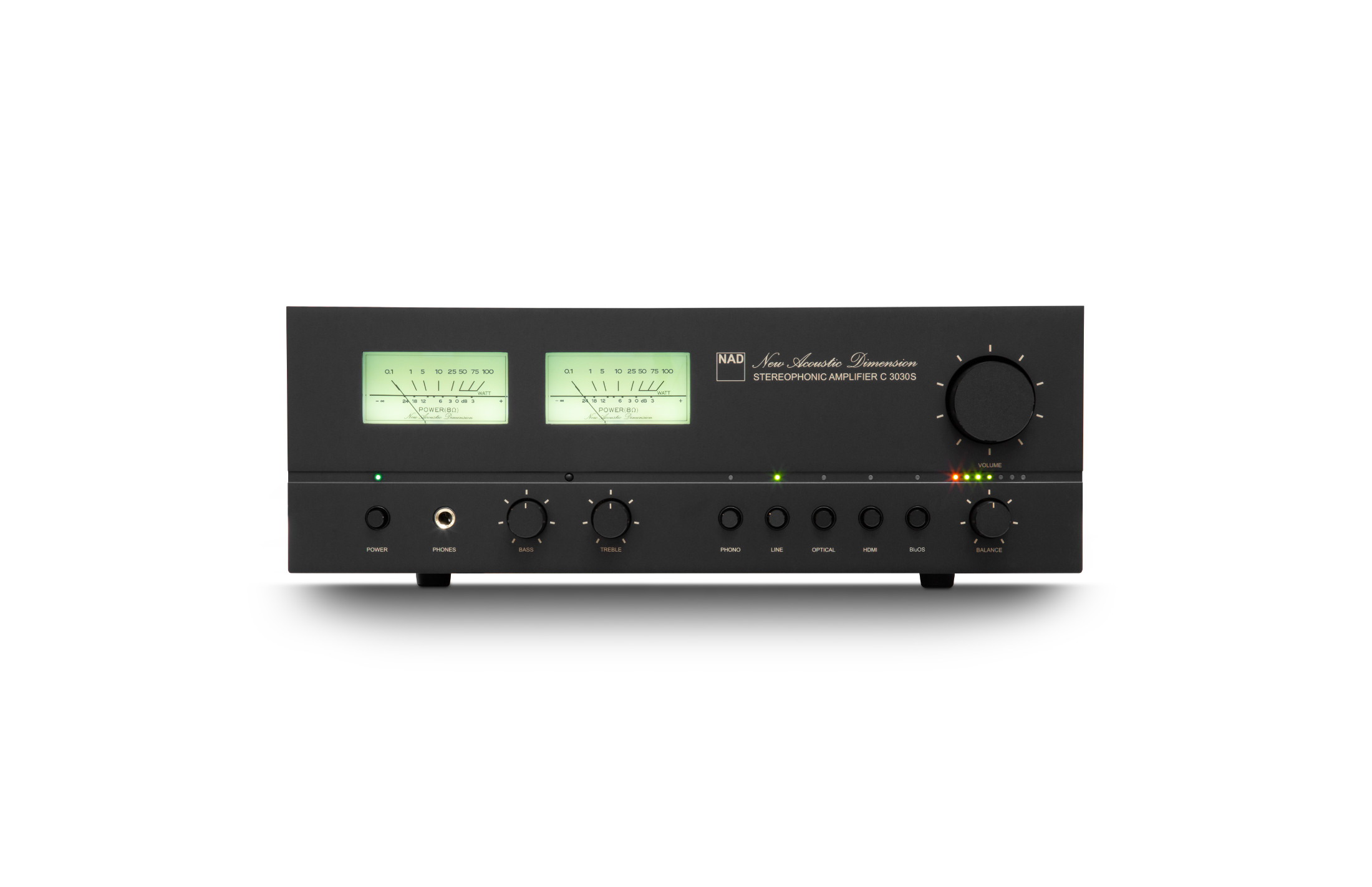 NAD C 3030S detail předního panelu a podsvícených VU metrů