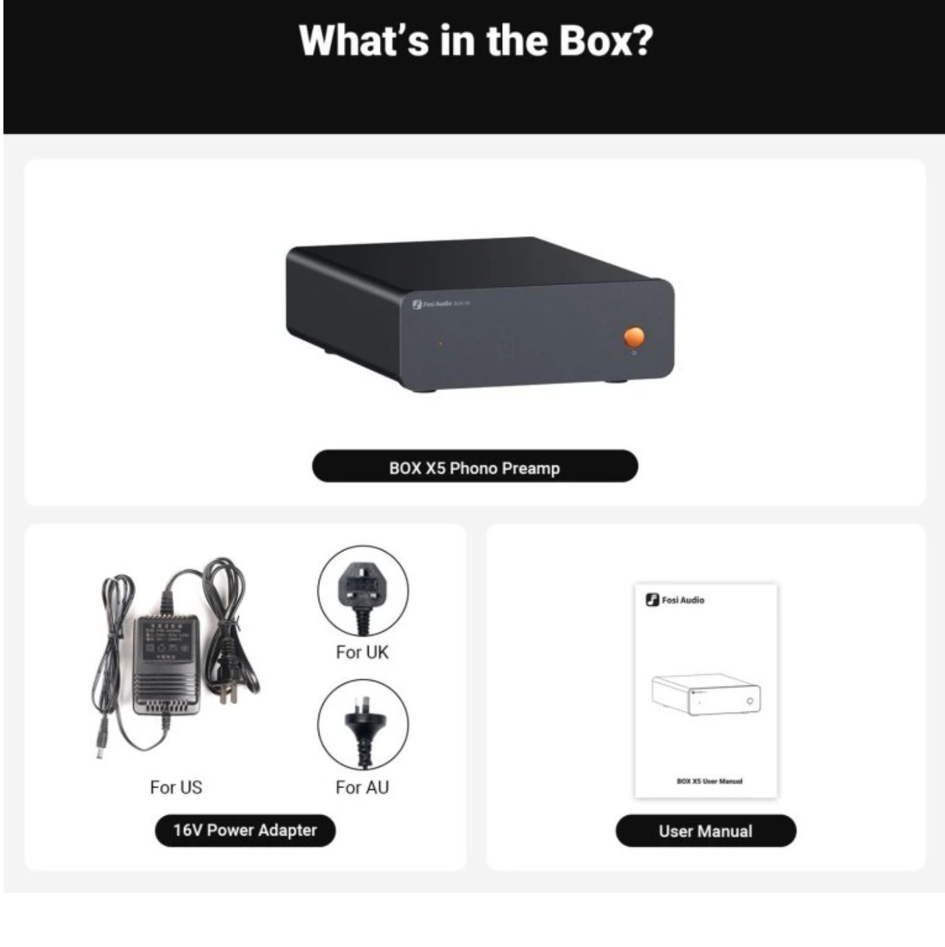 BOX X5 phono predzosilňovač a obsah balenia