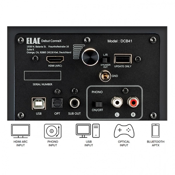 ELAC Debut ConneX DCB41 zadní panel a konektivita