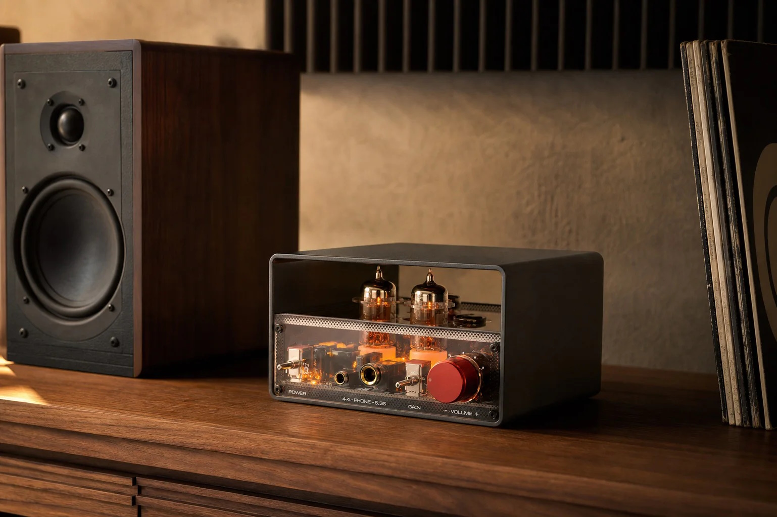 xDuoo MT-02 v stolovej Hi-Fi zostave s reproduktormi