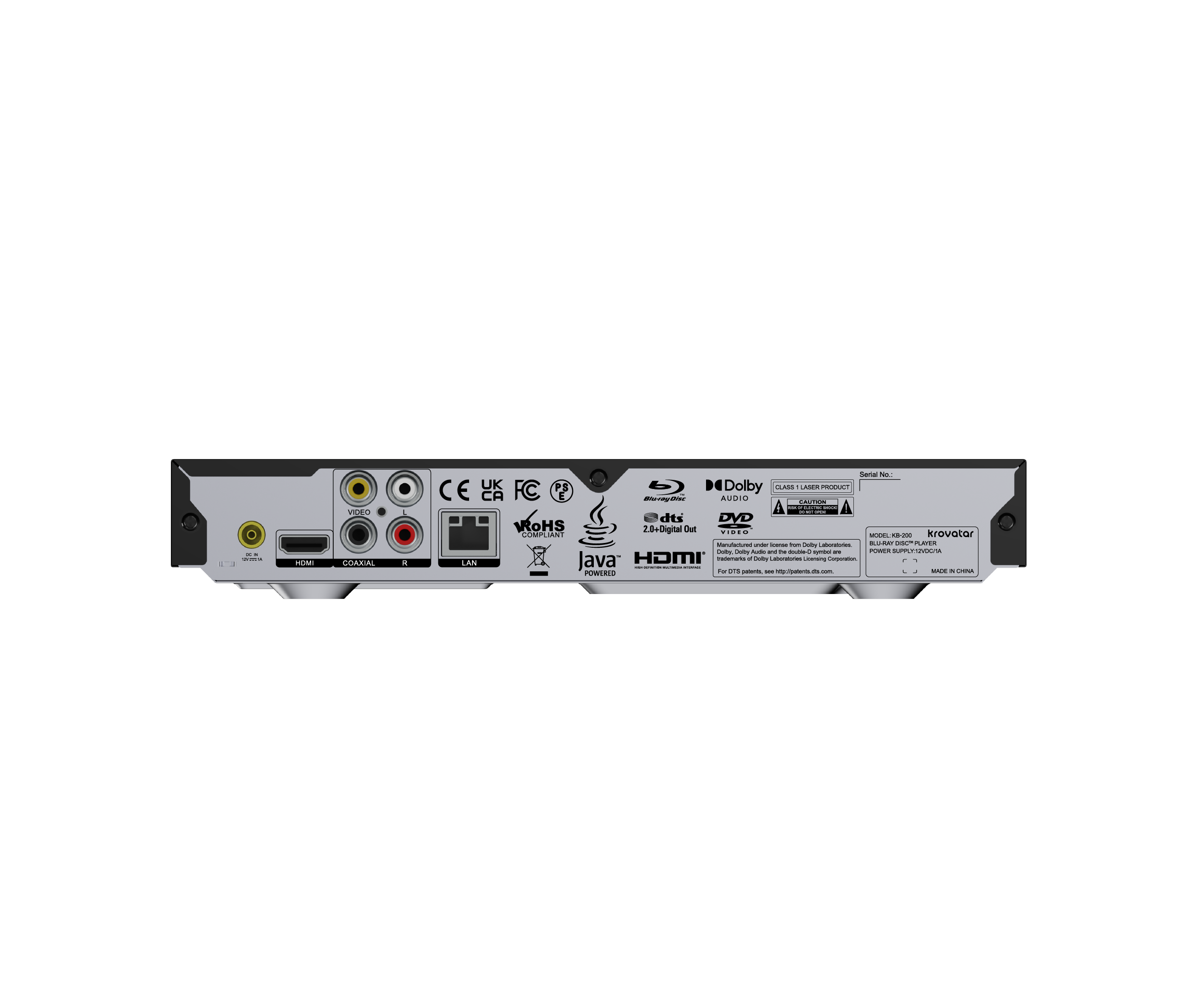 Zadní panel KB-200D s HDMI, RCA, LAN, koaxiálním výstupem a USB