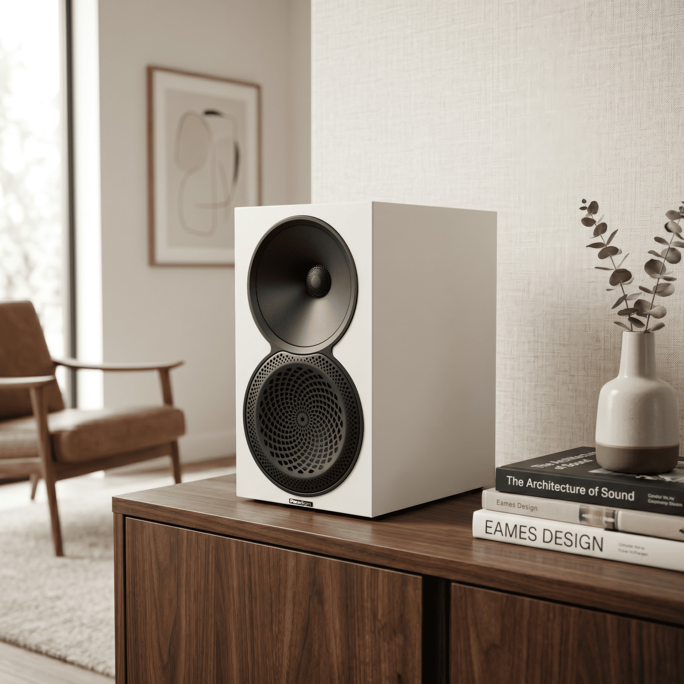 Biele Paradigm Premier 120B v2 v modernej obývacej izbe