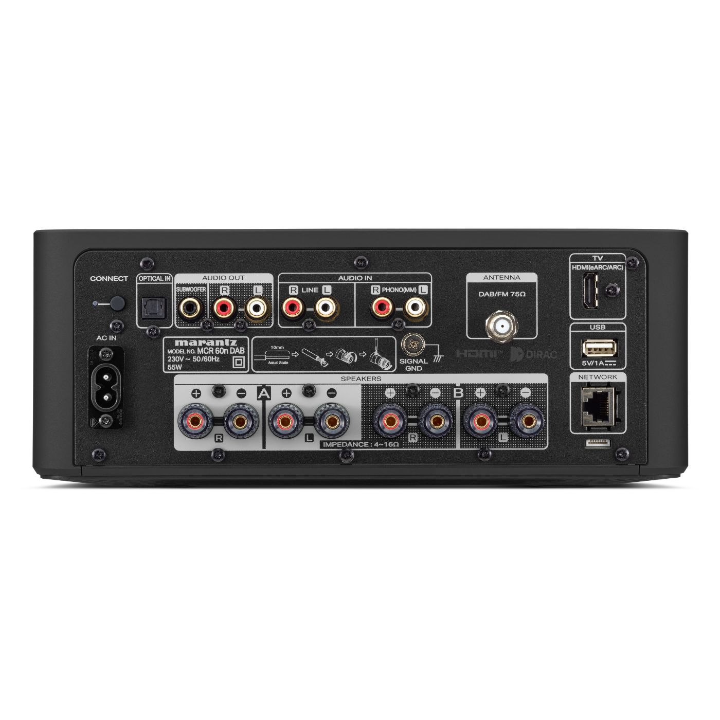 Zadní panel Marantz MCR 60n DAB s HDMI eARC, phono vstupem, USB a reproduktorovými terminály