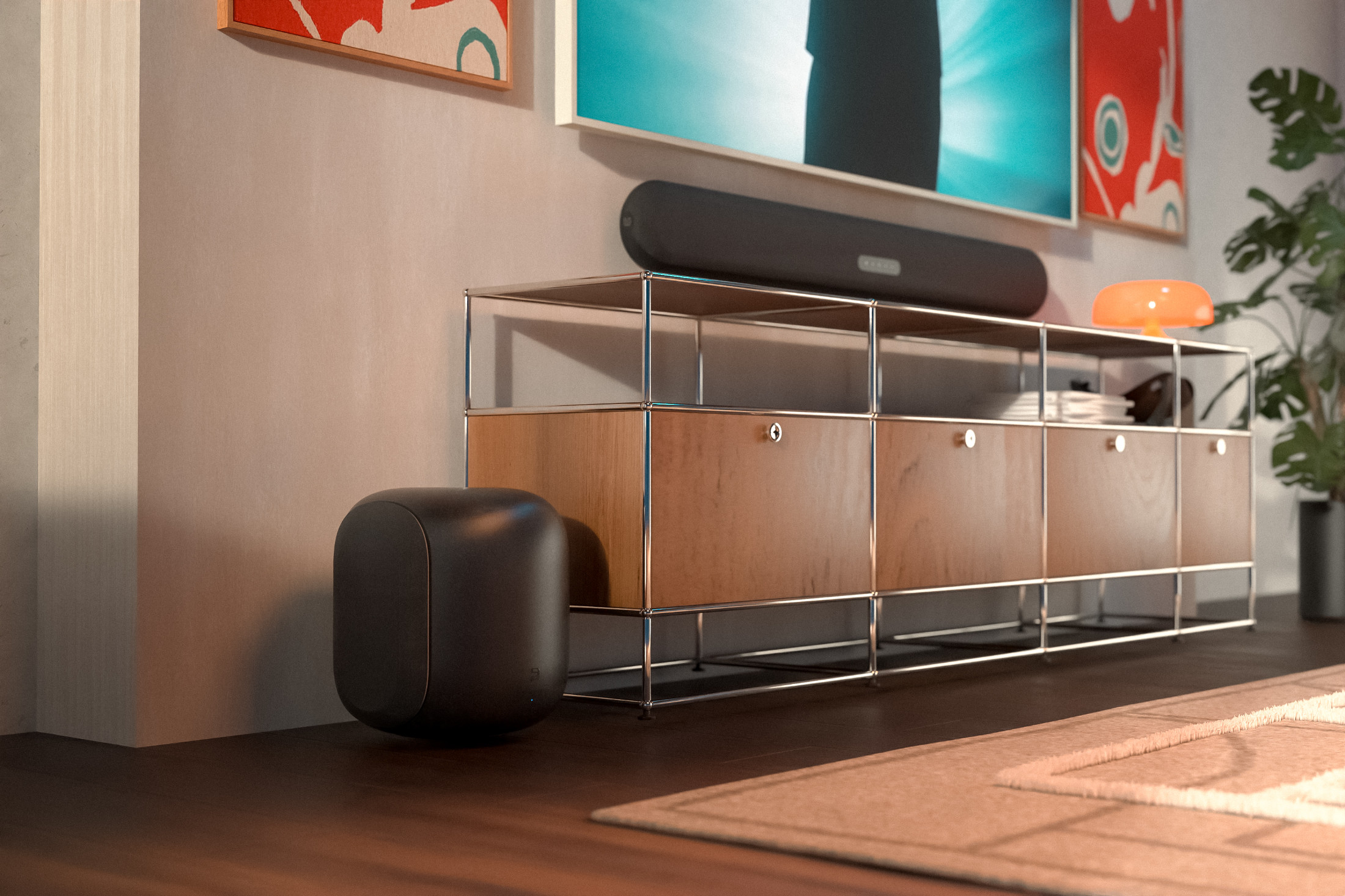 Bluesound PULSE SUB připojený k hudebnímu systému s POWERNODE
