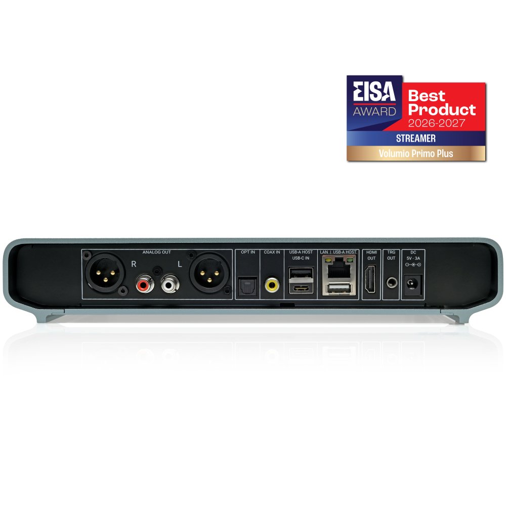 Zadní panel Volumio Primo Plus s XLR, RCA, USB, optickým a koaxiálním vstupem