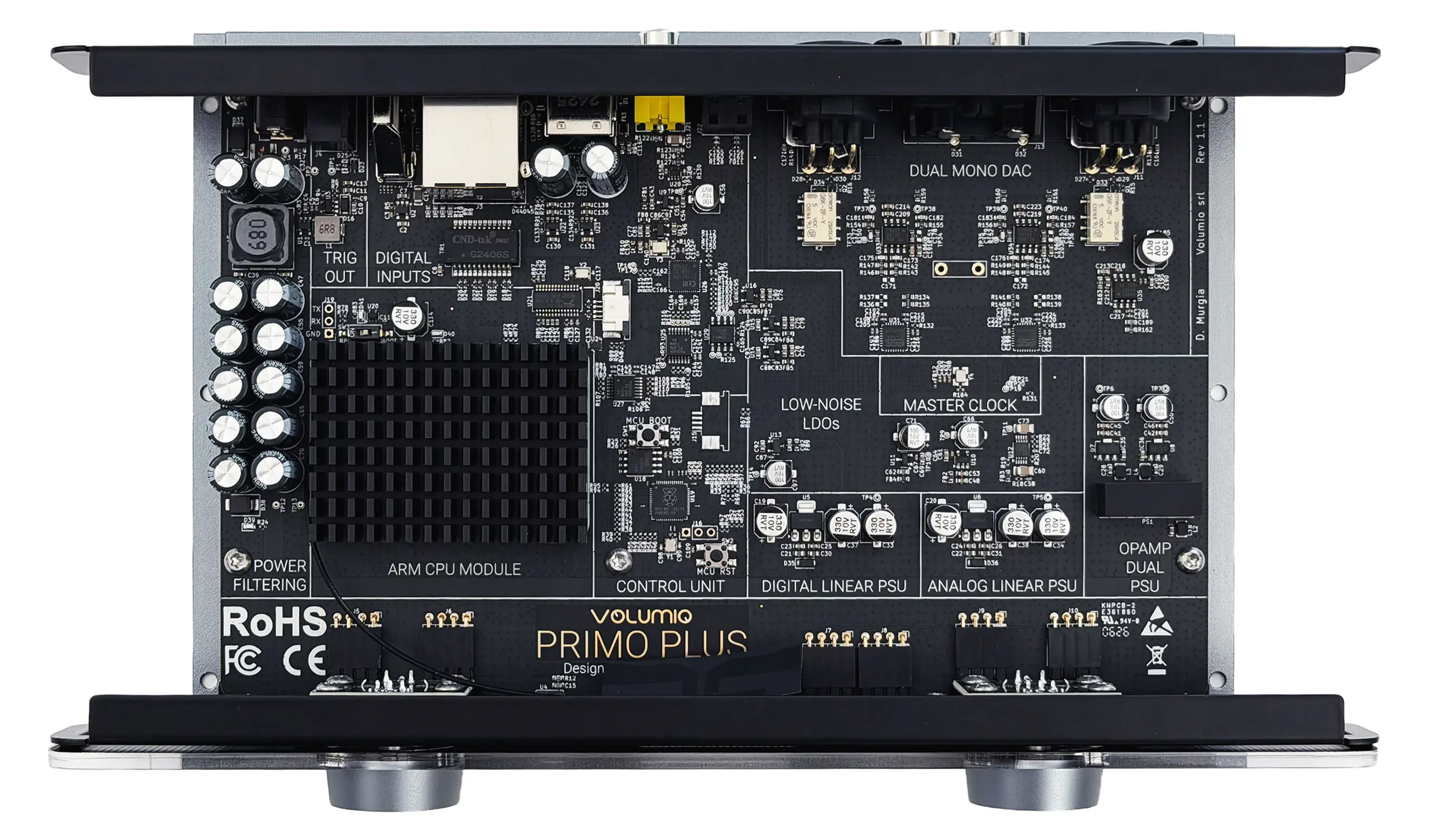 Vnitřní konstrukce Volumio Primo Plus s dual-mono DAC architekturou