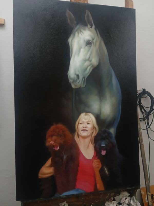 Custom oil painting woman, horse, dogs