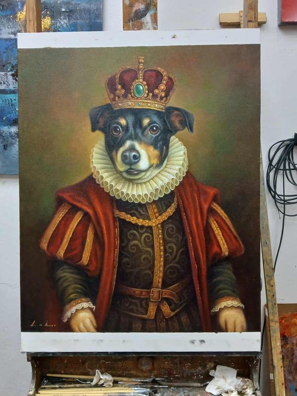 Dog oil painting in suit, tudor