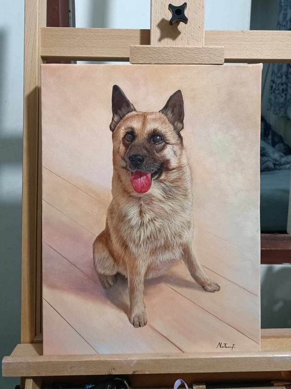 Dog pet painting on easel