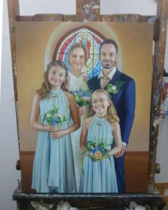 Retrato familiar al óleo de padres e hijos