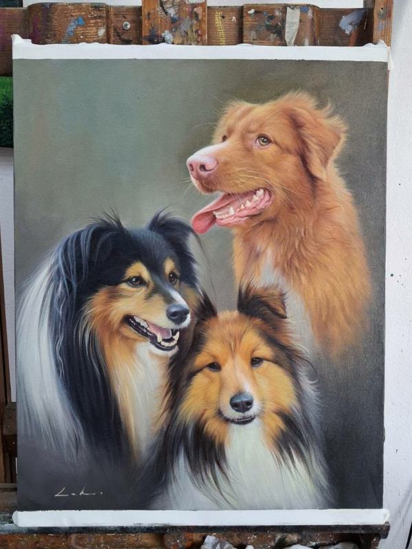 Oil painting 3 dogs