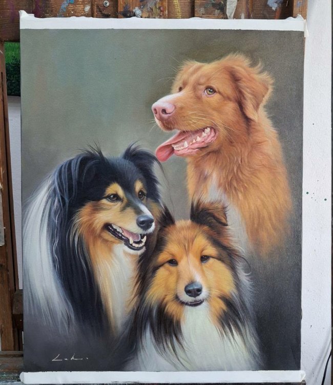 Oil painting portrait of three dogs