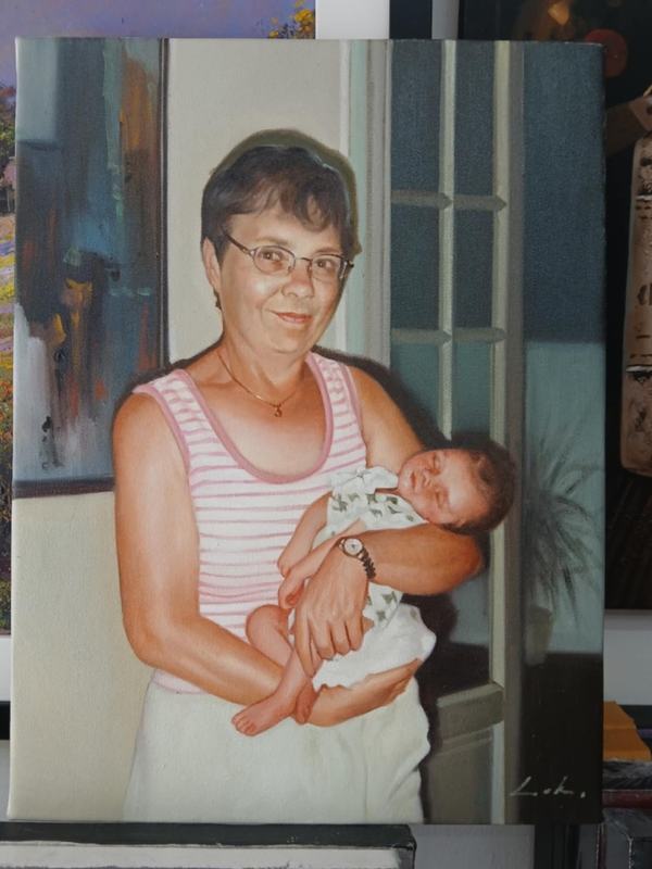 Oil painting a woman holding a child