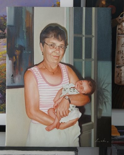 Oil painting of a woman holding a child
