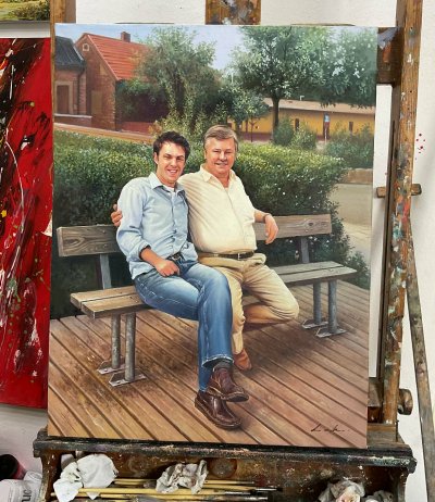 Portrait painting of a dag and son