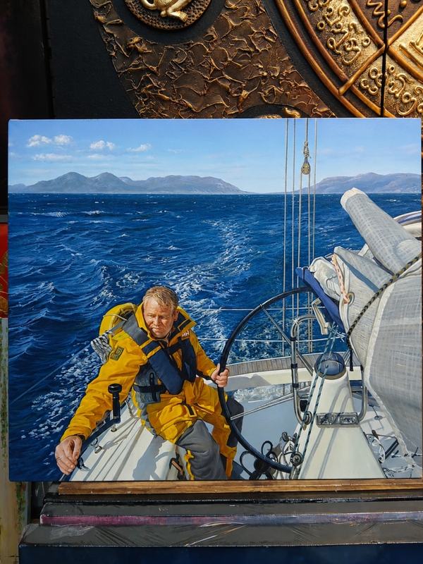 Oil painting man on a sailing boat