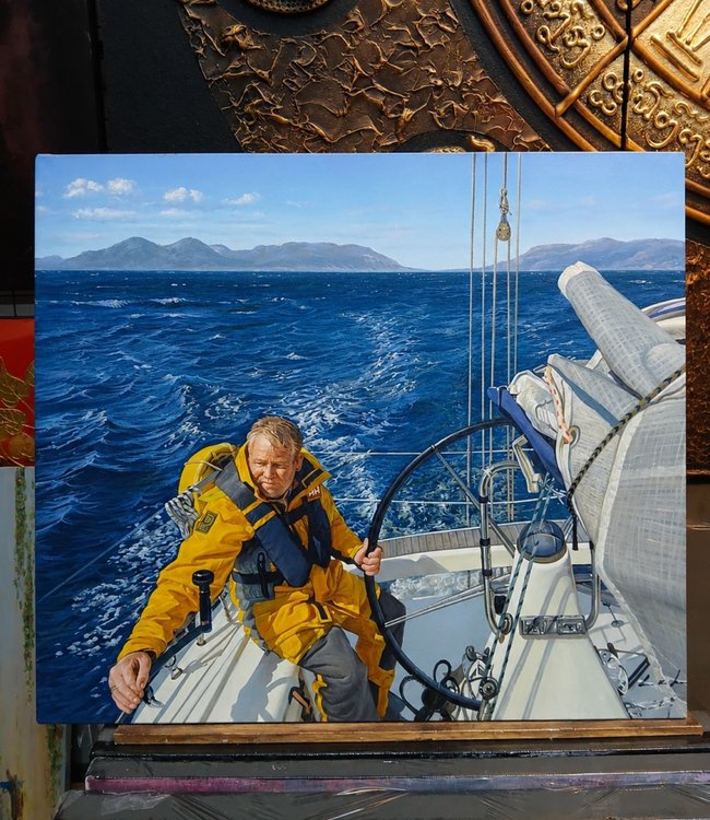Portrait painting of a man on the sea with his boat