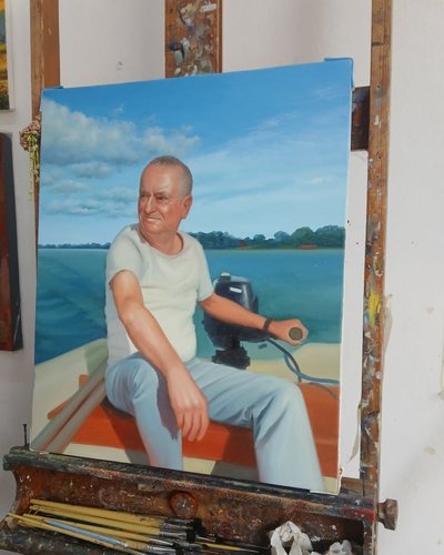 Photo to painting of a man on a boat