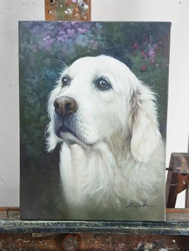 Oil painting of a white dog