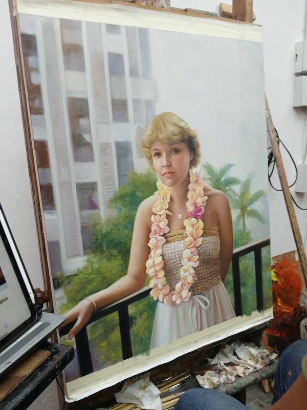 Oil painting of a woman standing on balcony