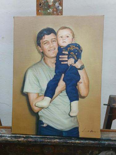 Oil painting of dad with baby