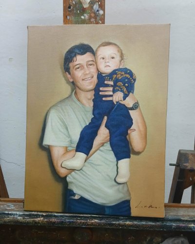 Oil painting of dad with baby