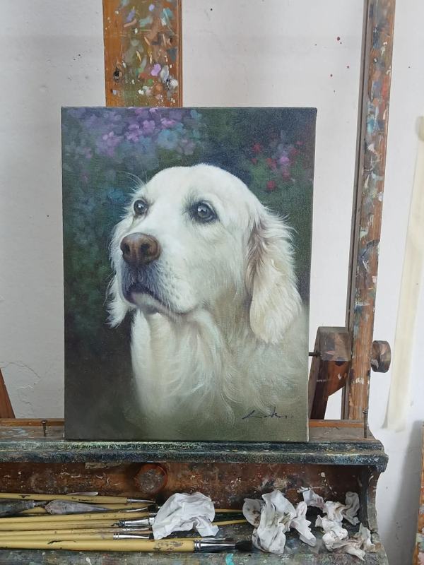 Oil painting of dog on easel