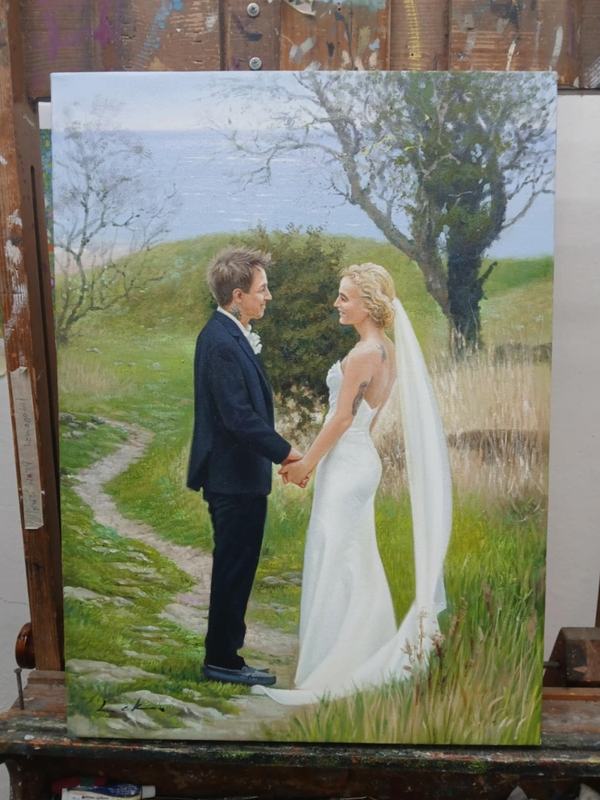 Oil painting wedding couple standing on a field