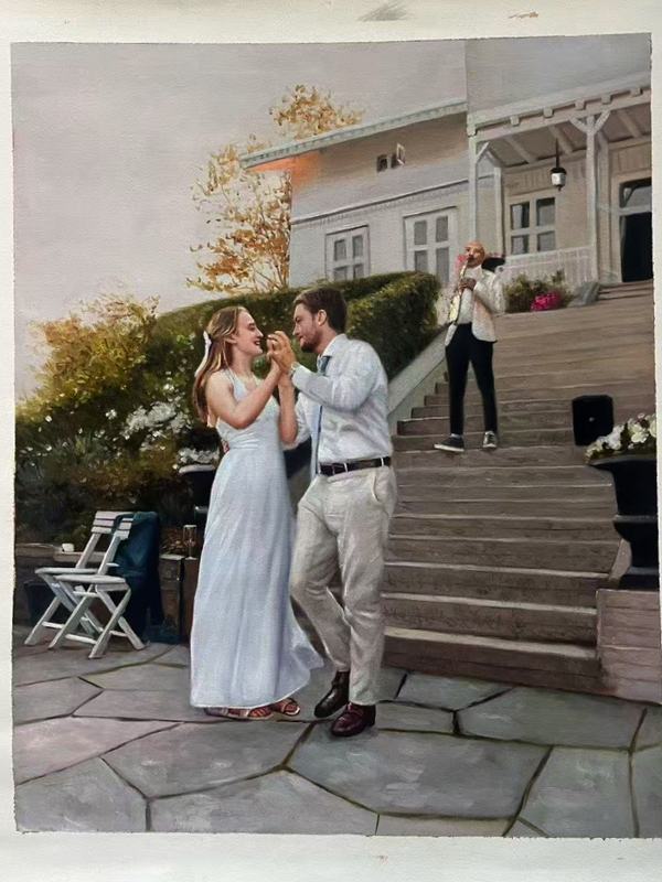 Oil painting wedding day couple
