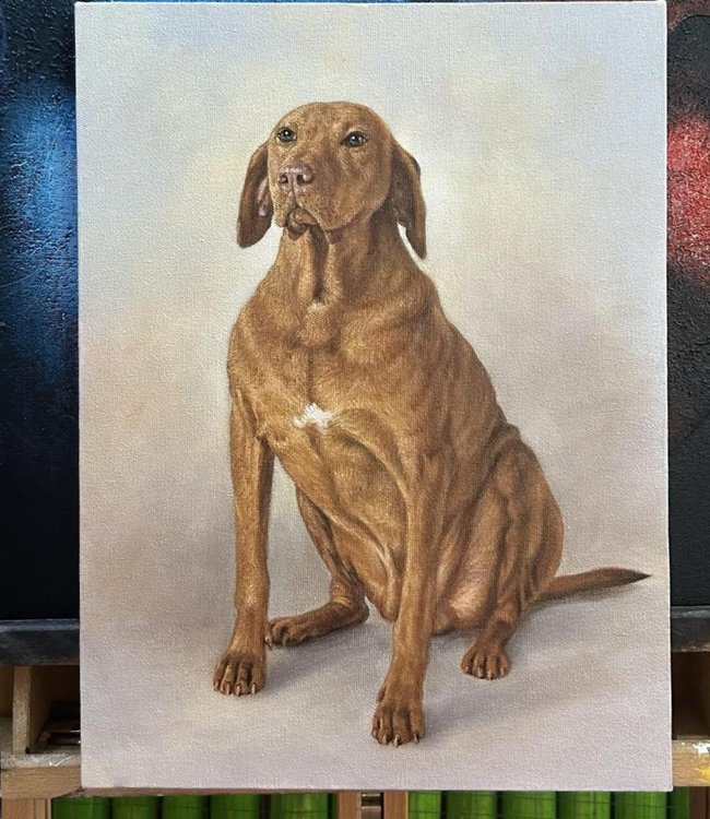 Portrait painting of a dog sitting