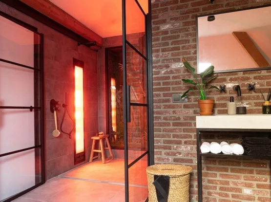 Industriële badkamer met regendouche en sunshower