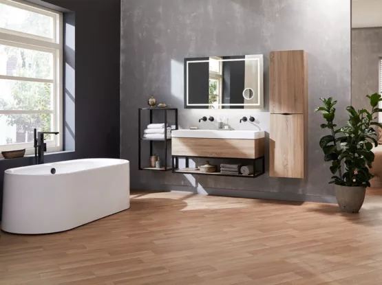 Houtlook badmeubel, hoge kast en open kast met zwart stalen frame