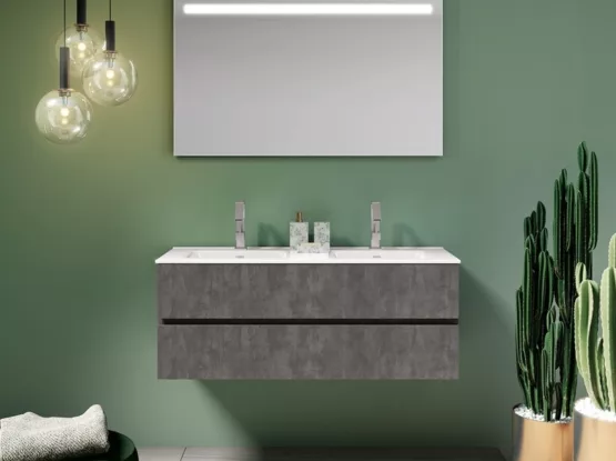 Stoer betonlook badmeubel met verlichte spiegel