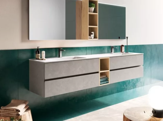 Stoer betonlook badmeubel met houten accenten