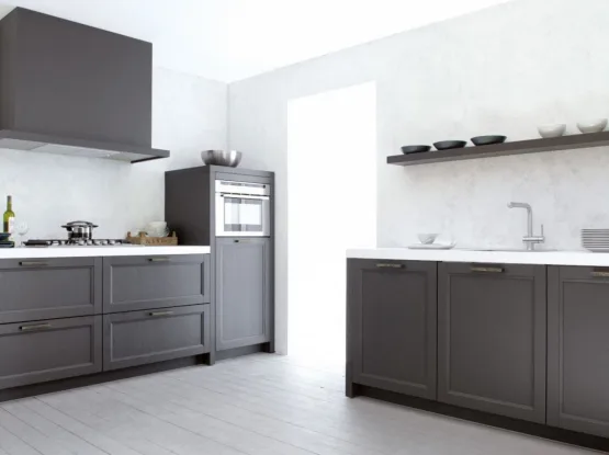 Modern landelijke zwarte houtlook keuken met wit blad