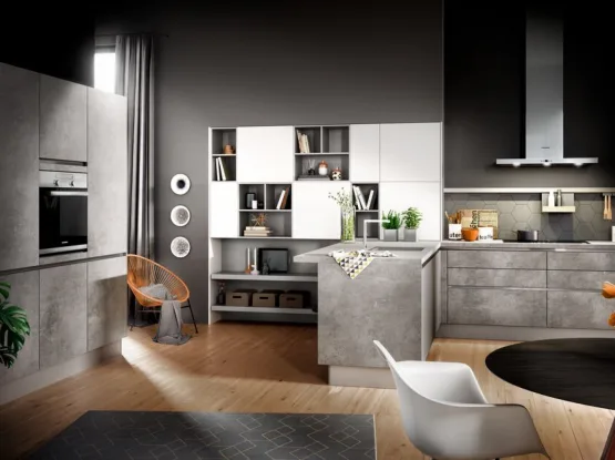 Stoere betonlook keuken met hoge kastenwand