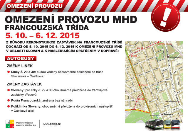Rekonstrukce zastávek na Francouzské třídě omezí provoz MHD