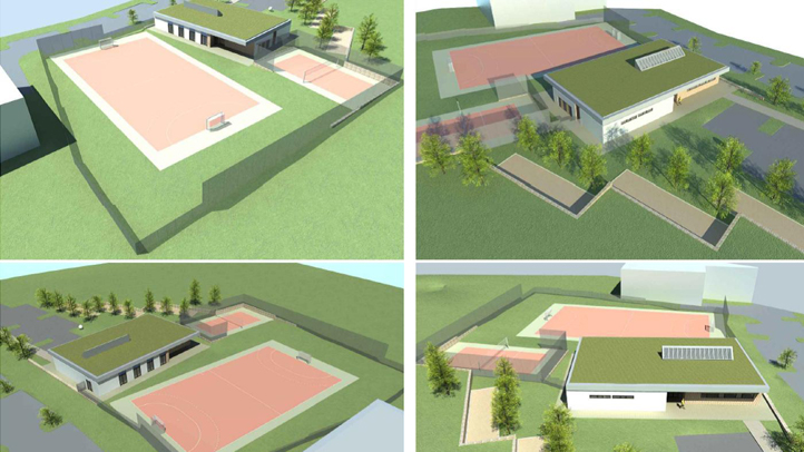 Vizualizace stavby (zdroj: Projektová studie „SPORTOVNÍ AREÁL PRO SK NESLYŠÍCÍCH, KRAŠOVSKÁ PLZEŇ“, 10/2019, SUNCAD, s.r.o.)