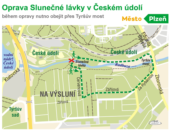 Trasa obchůzky přes Tyršův most