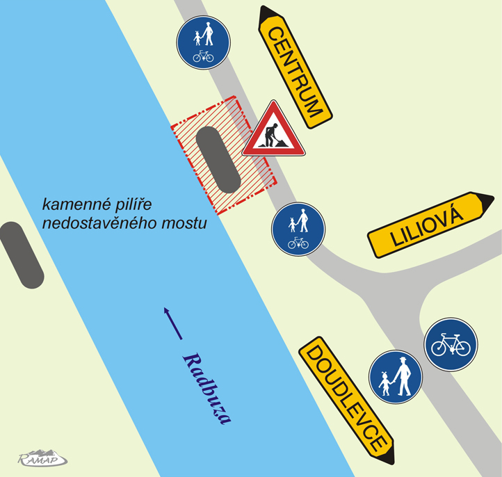 Greenway - mapa omezení u vyústění Liliové ulice